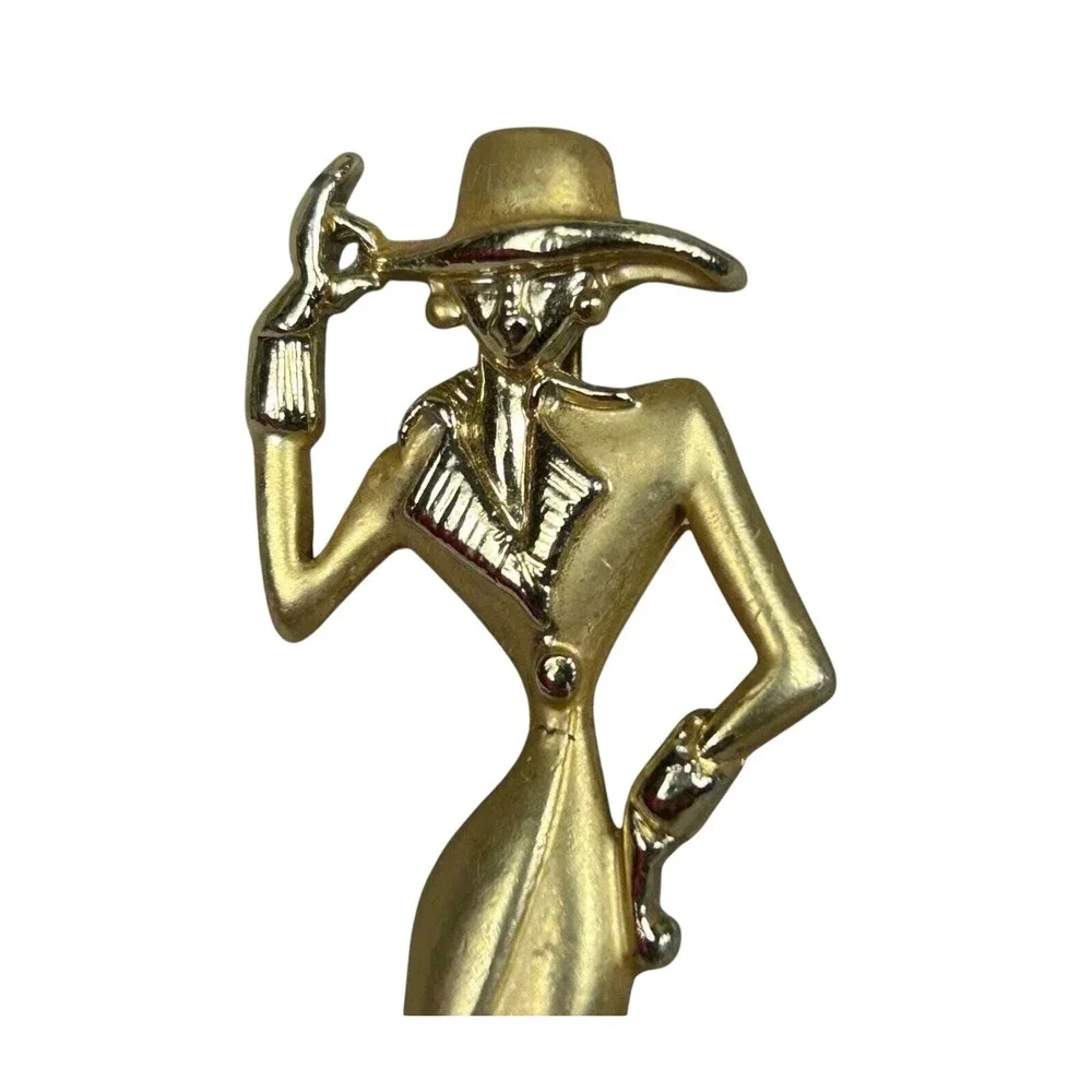 AJC Vtg Gold Tone Fashion Lady Brooch Stylized Woman in Hat Figural‎ Pin